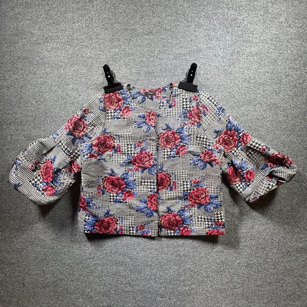 Alfani Crop Blazer Jacket Womens 2XL Multicolor Floral Houndstooth Bubble Sleeve
